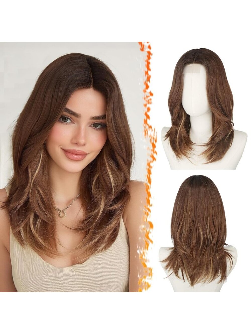 16 Inch Women's Ombre Auburn with Highlight Butterfly Layered Straight Bangs Wig